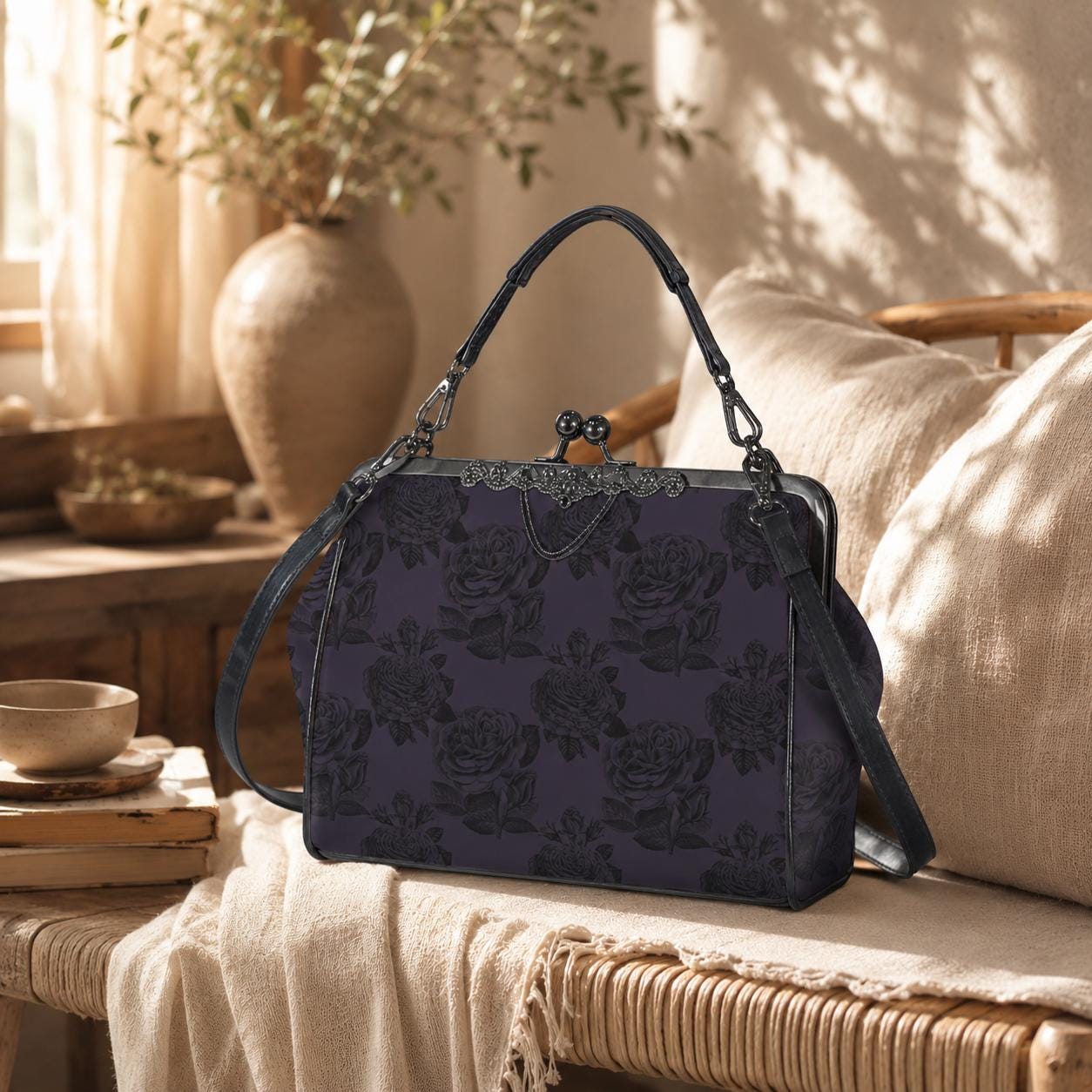 Purple rose kisslock bag, vintage floral frame handbag, dark romance top handle purse, moody black rose print, elegant statement evening bag