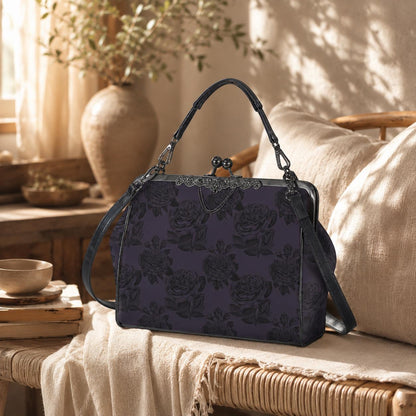 Purple rose kisslock bag, vintage floral frame handbag, dark romance top handle purse