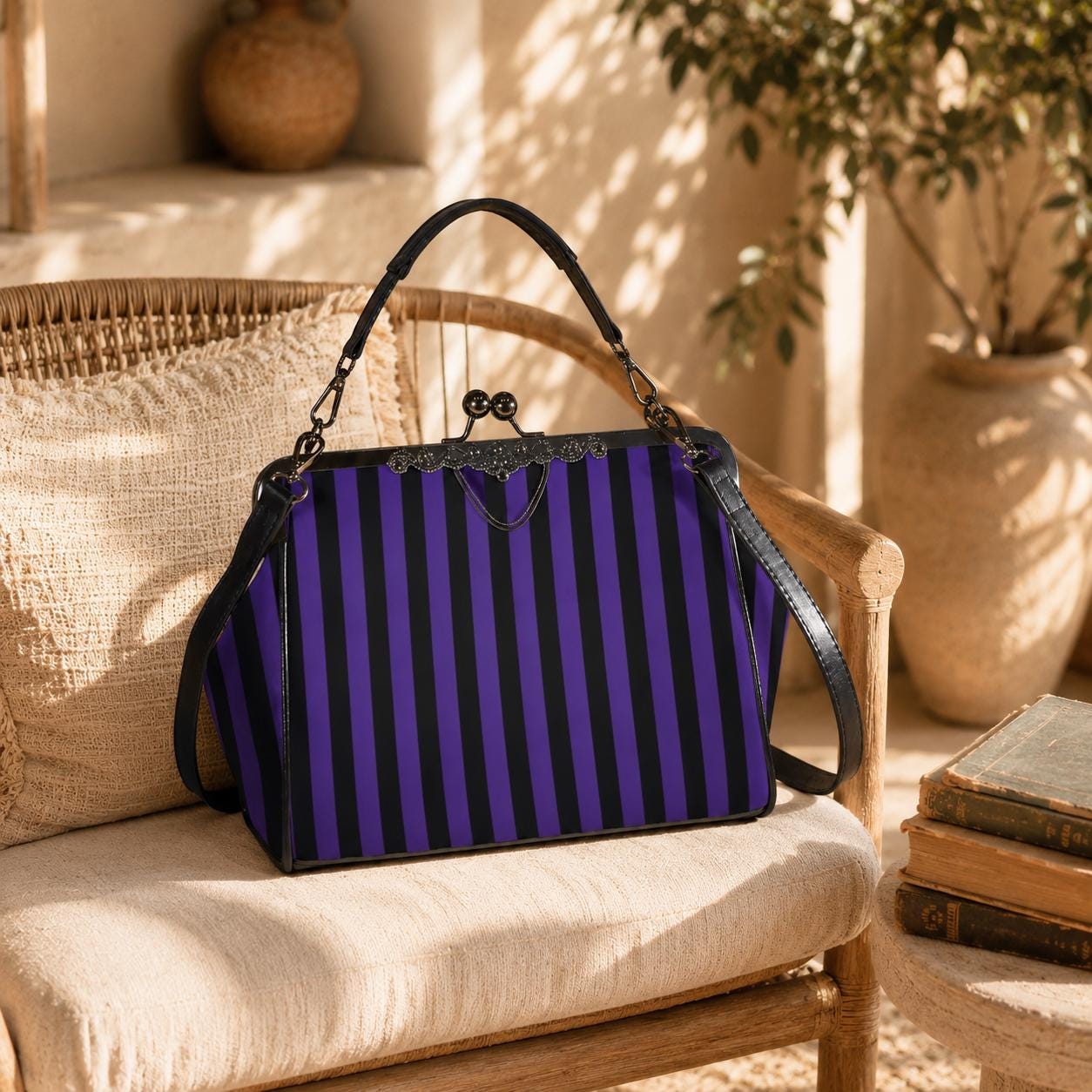 Purple Black Stripe Kiss Lock Purse, Gothic Frame Bag for Witchy Outfit