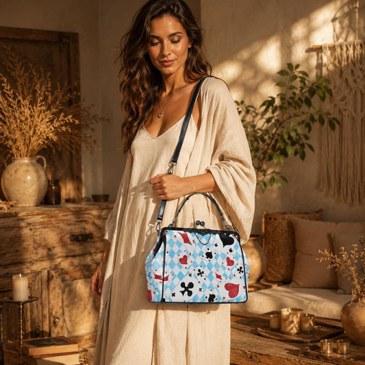 Wonderland Card Suit Kisslock Handbag, Blue Argyle Frame Purse, Tea Party Statement Bag