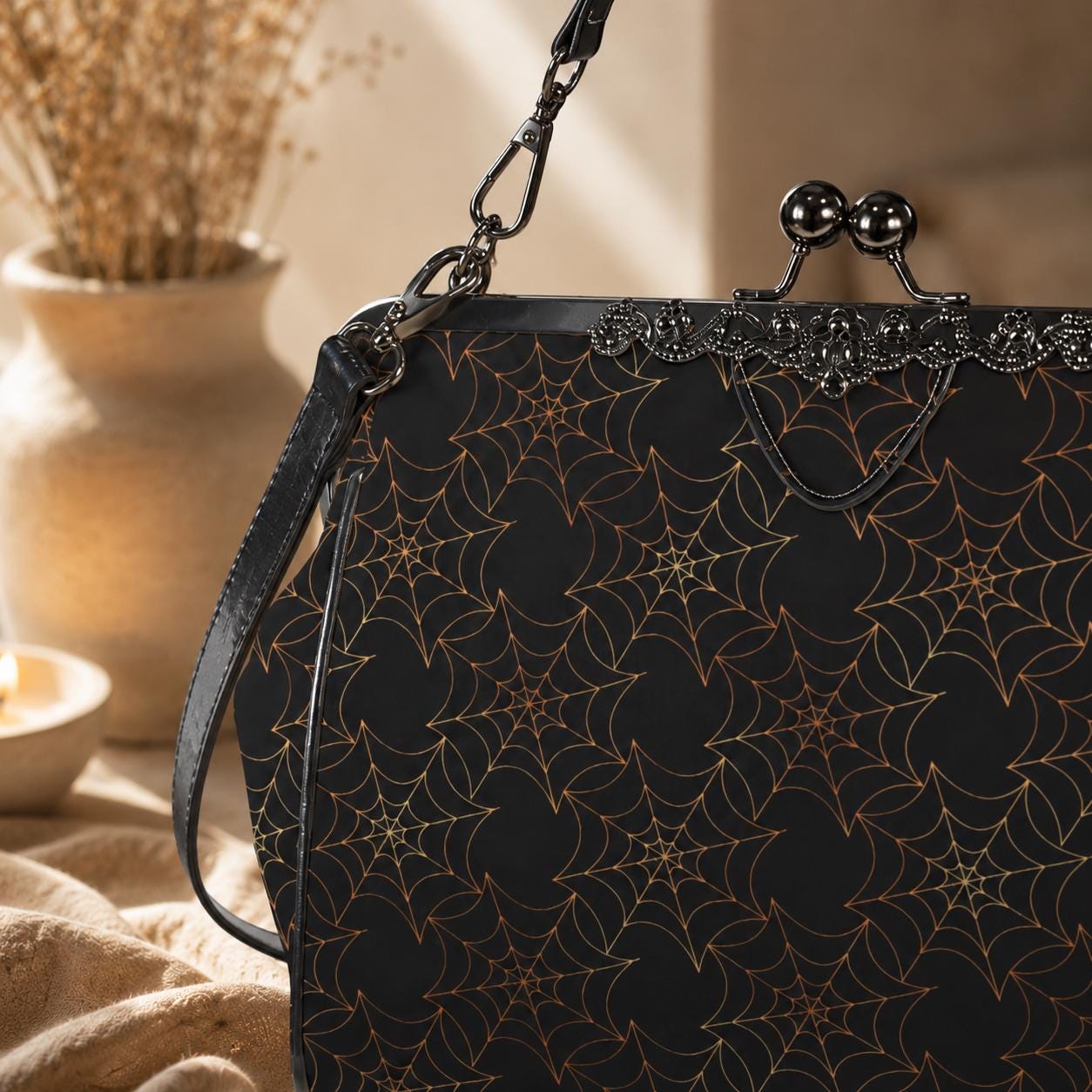 Spiderweb Kiss Lock Bag Vintage Frame Handbag Halloween Shoulder Purse