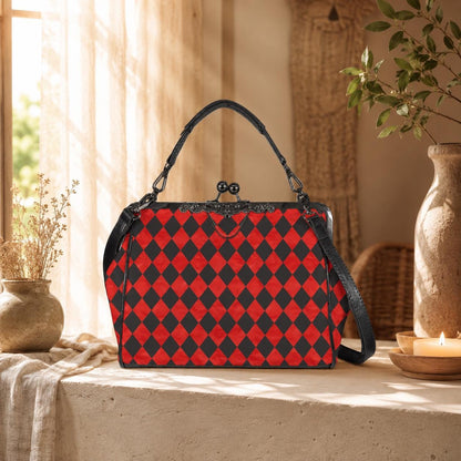 Red Black Harlequin Kisslock Handbag, Diamond Frame Purse, Queen Hearts Inspired Top Handle Bag, Wonderland Crossbody Party Purse