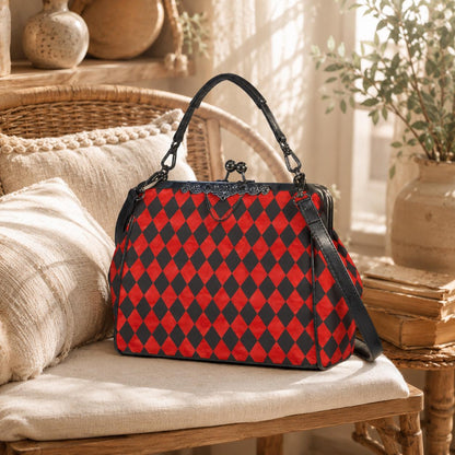 Red Black Harlequin Kisslock Handbag, Diamond Frame Purse, Queen Hearts Inspired Top Handle Bag, Wonderland Crossbody Party Purse