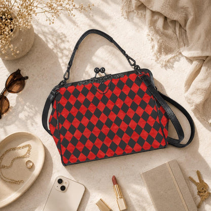 Red Black Harlequin Kisslock Handbag, Diamond Frame Purse, Queen Hearts Inspired Top Handle Bag, Wonderland Crossbody Party Purse