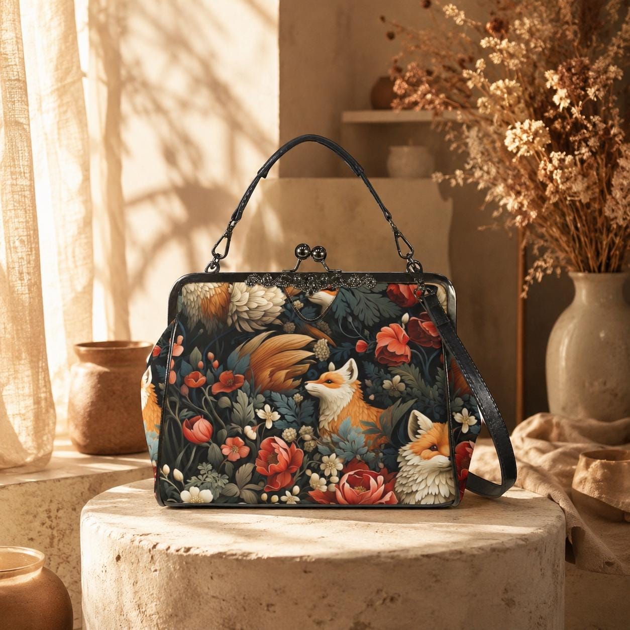Fox Floral Kiss Lock Bag, Woodland Frame Purse, Cottagecore Top Handle Handbag