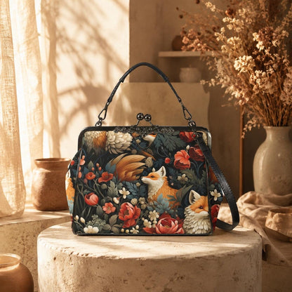 Fox Floral Kiss Lock Bag, Woodland Frame Purse, Cottagecore Top Handle Handbag