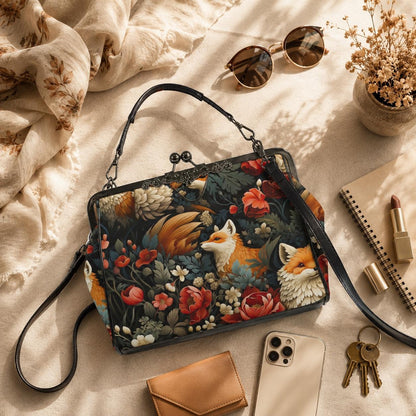 Fox Floral Kiss Lock Bag, Woodland Frame Purse, Cottagecore Top Handle Handbag