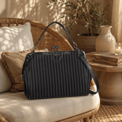 Black Striped Kisslock Bag - Dark Academia Witchcore Gothic Purse Retro Clasp Handbag