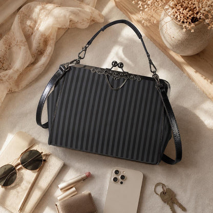Black Striped Kisslock Bag - Dark Academia Witchcore Gothic Purse Retro Clasp Handbag
