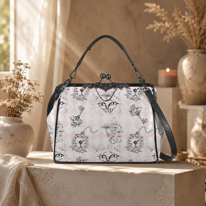 Kiss Lock Cat Handbag, Pastel Gothic Purse, Pink Harlequin Top Handle Bag