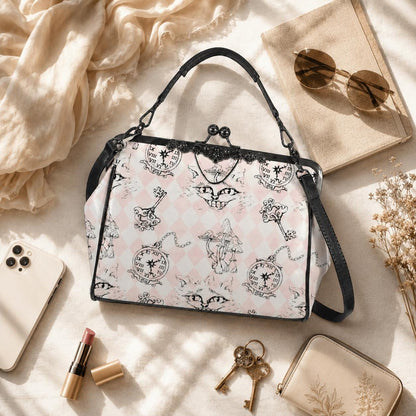 Kiss Lock Cat Handbag, Pastel Gothic Purse, Pink Harlequin Top Handle Bag