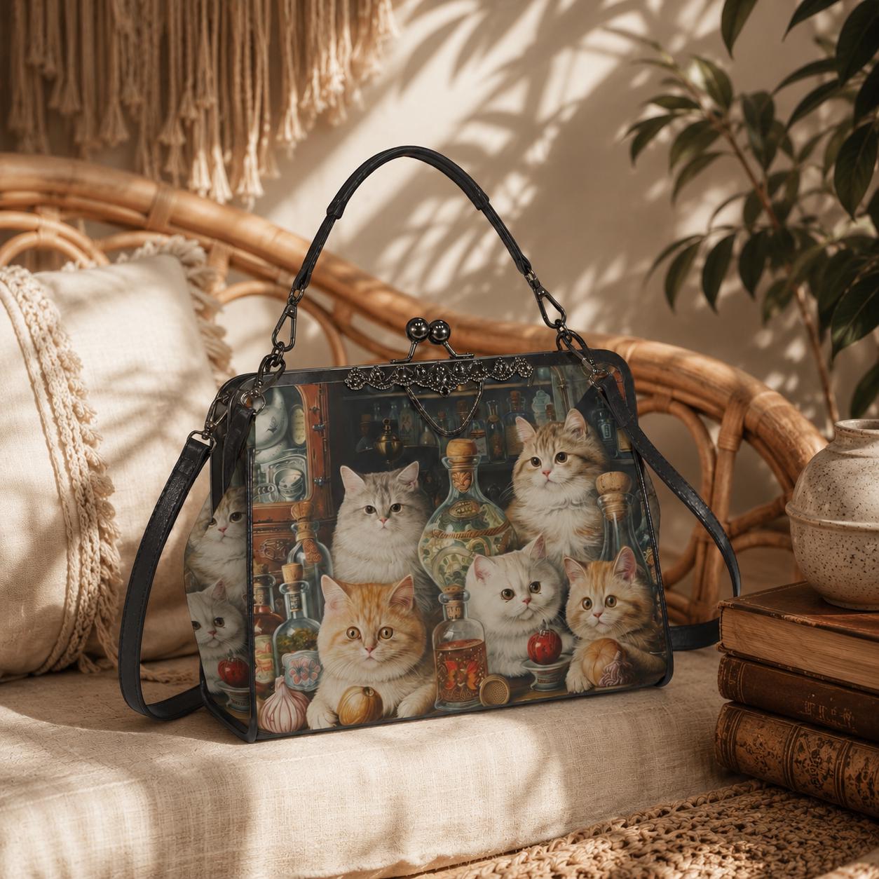 Cat Print Kisslock Bag, Vintage Style Handbag with Kittens and Potion Bottles