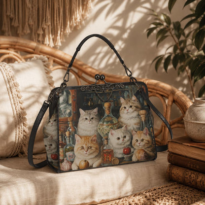 Cat Print Kisslock Bag, Vintage Style Handbag with Kittens and Potion Bottles