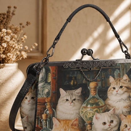 Cat Print Kisslock Bag, Vintage Style Handbag with Kittens and Potion Bottles
