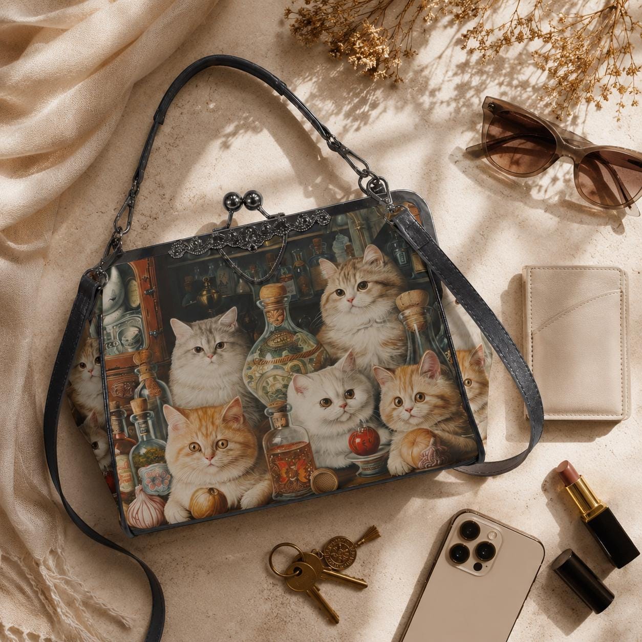 Cat Print Kisslock Bag, Vintage Style Handbag with Kittens and Potion Bottles