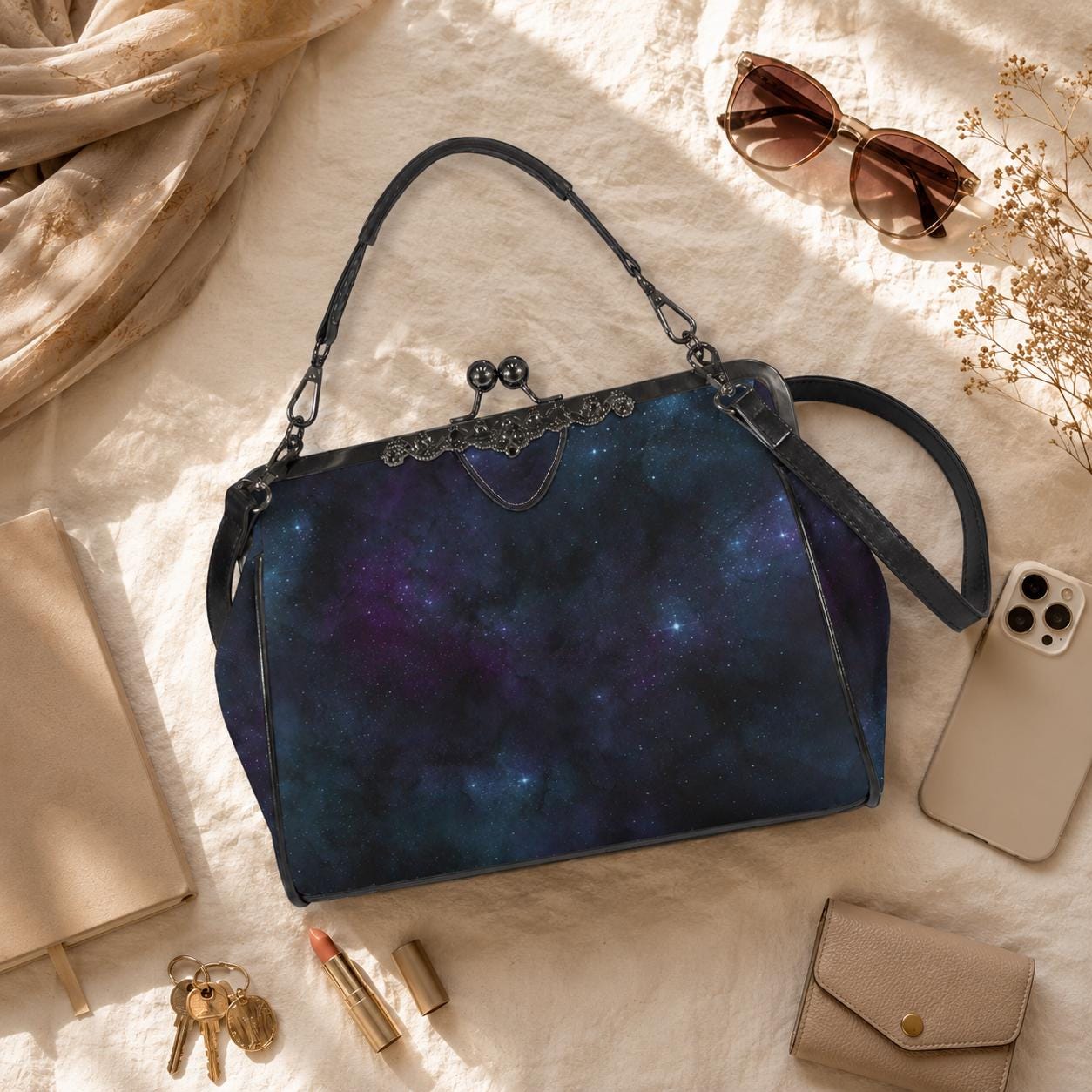 Celestial Galaxy Kisslock Handbag, Nebula Frame Purse, Starry Night Top Handle Bag
