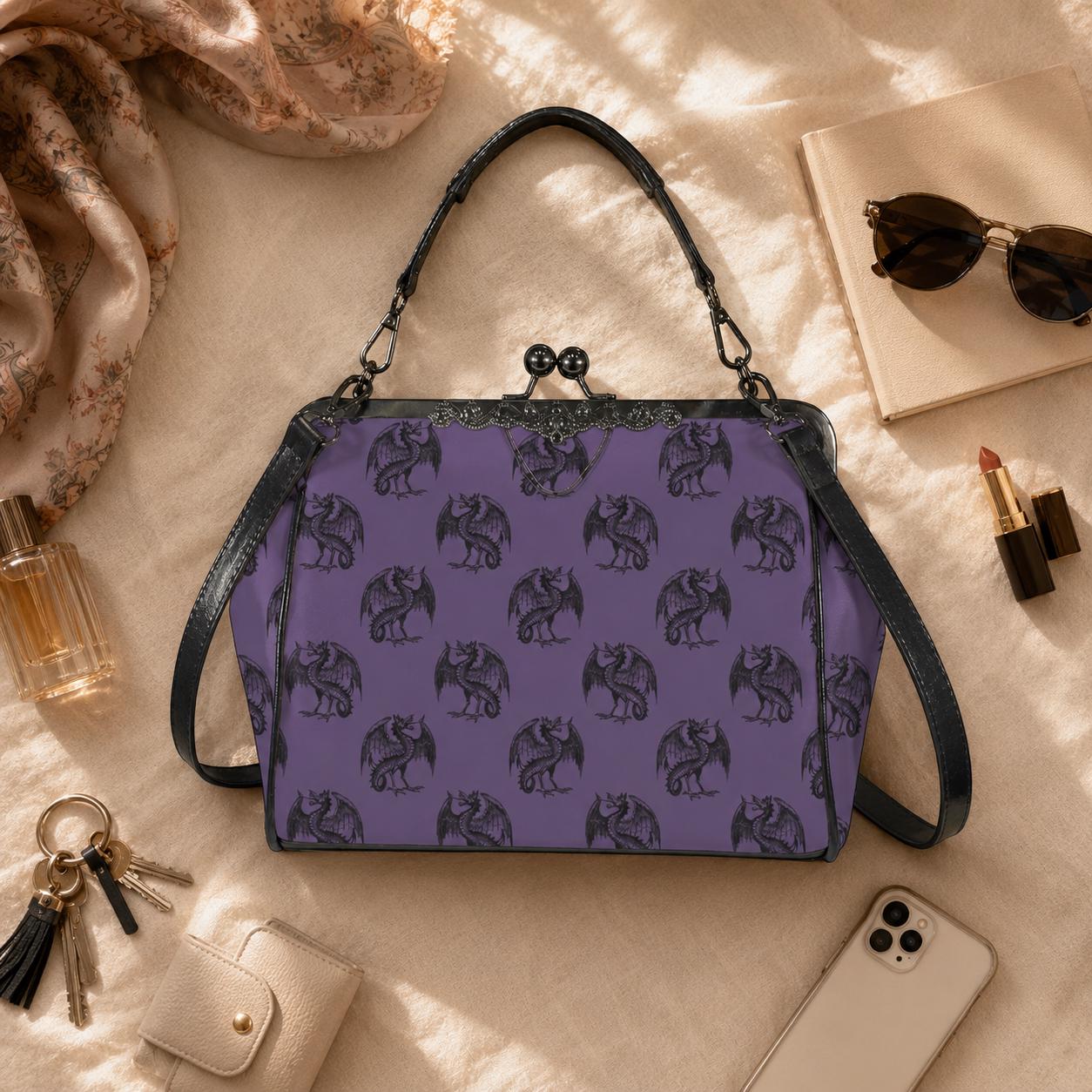 Dragon Kiss Lock Bag Purple Fantasy Handbag Statement Shoulder Purse