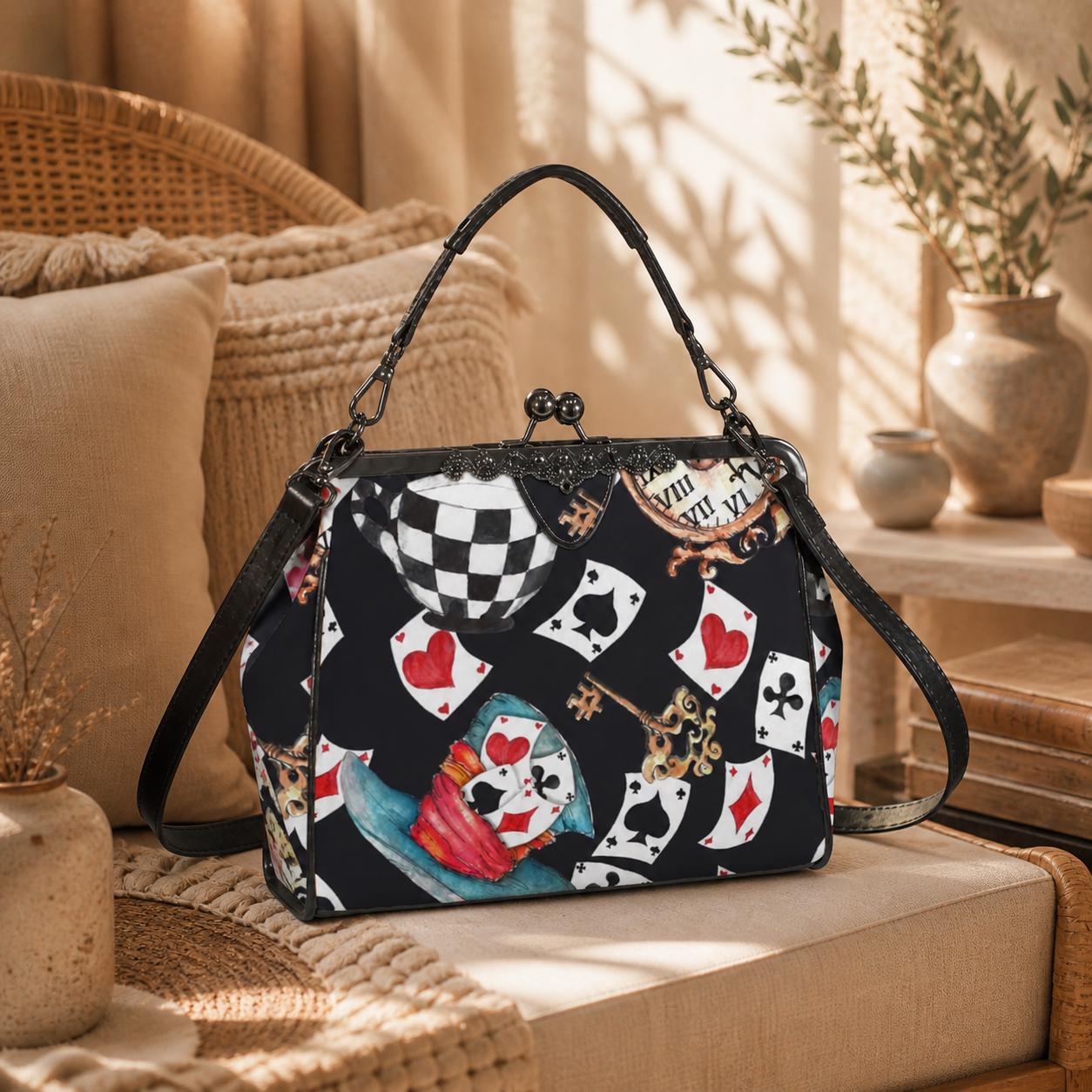 Playing Card Kiss Lock Bag Whimsical Tea Party Handbag Storybook Shoulder Purse
