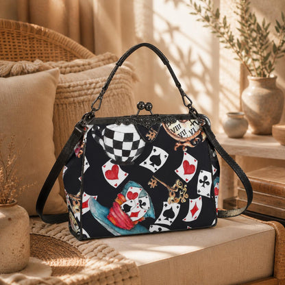 Playing Card Kiss Lock Bag Whimsical Tea Party Handbag Storybook Shoulder Purse