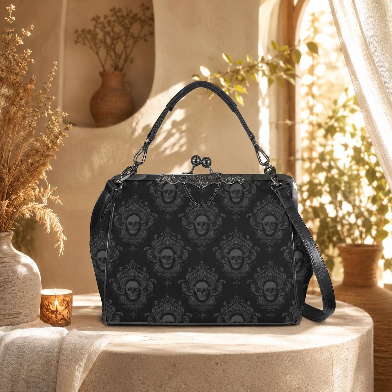 Skull Damask Kisslock Bag, Vintage Gothic Handbag, Victorian Style Purse, Witchy Top Handle Shoulder Bag