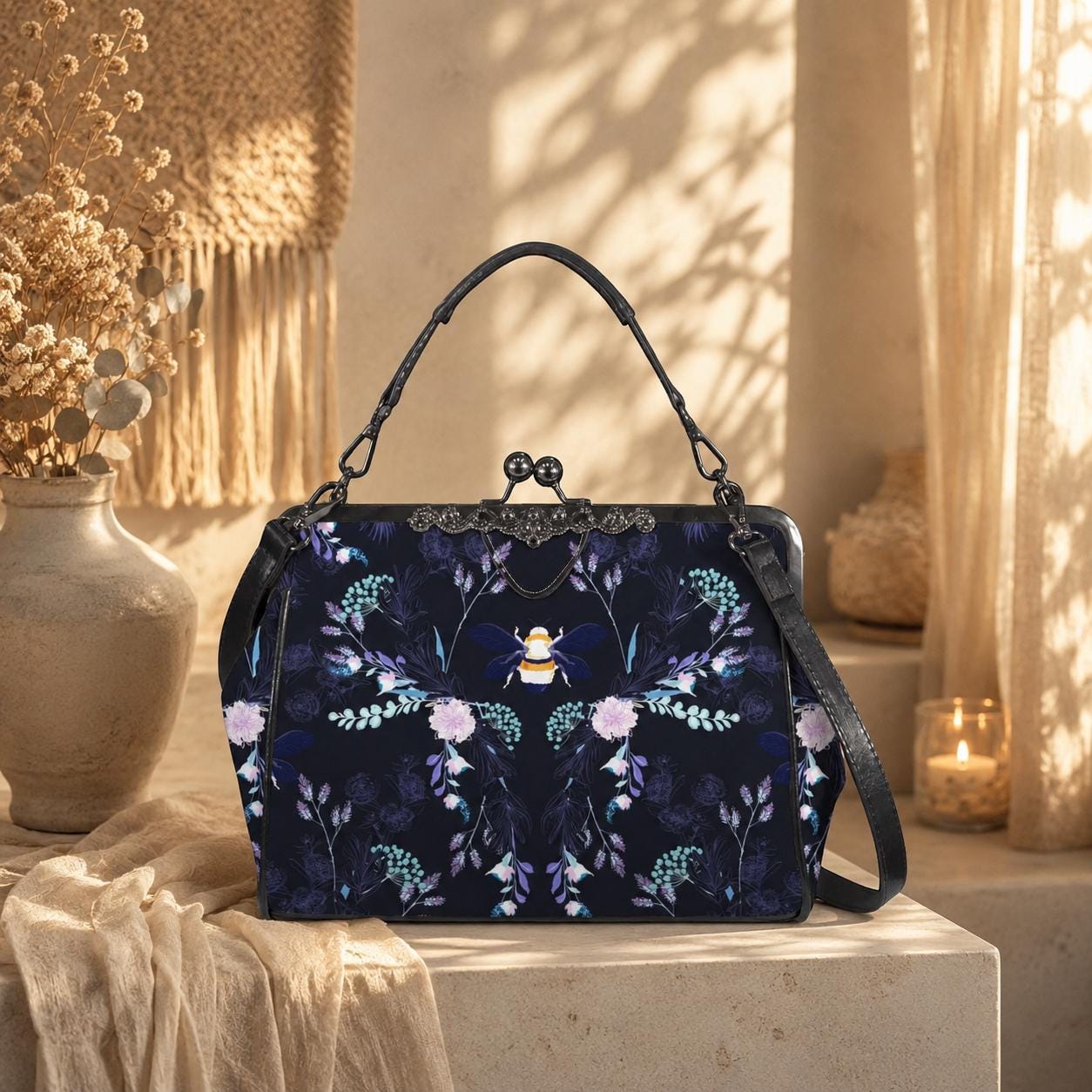 Bee Floral Kisslock Bag, Night Garden Purse, Cottagecore Handbag