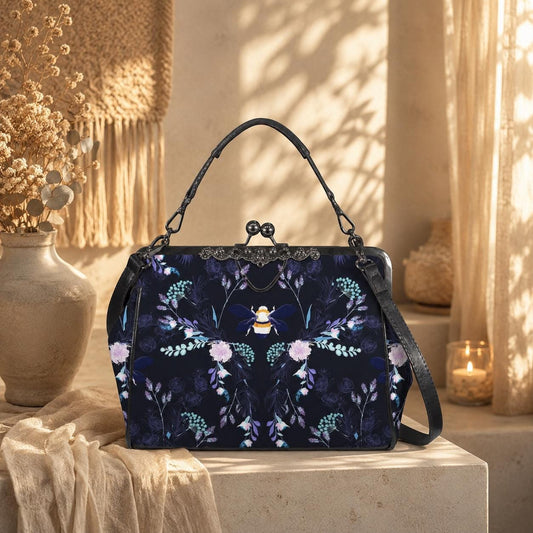 Bee Floral Kisslock Bag, Night Garden Purse, Cottagecore Handbag