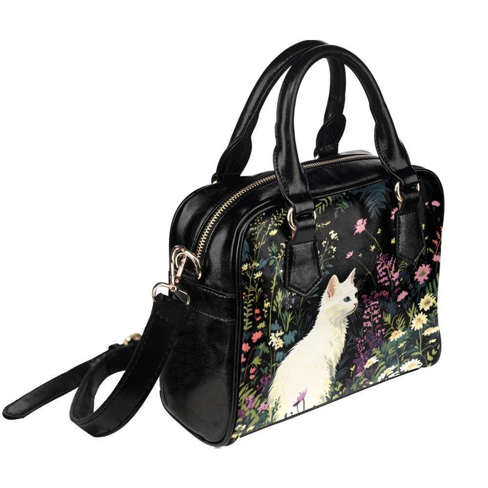White Cat Satchel Bag, Floral Cottagecore Purse, Garden Handbag Gift for Cat Lover