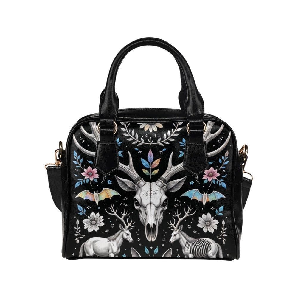 Woodland Fantasy Satchel with Antler Skull, Mystic Forest Purse, Folk Floral Handbag