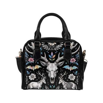 Woodland Fantasy Satchel with Antler Skull, Mystic Forest Purse, Folk Floral Handbag
