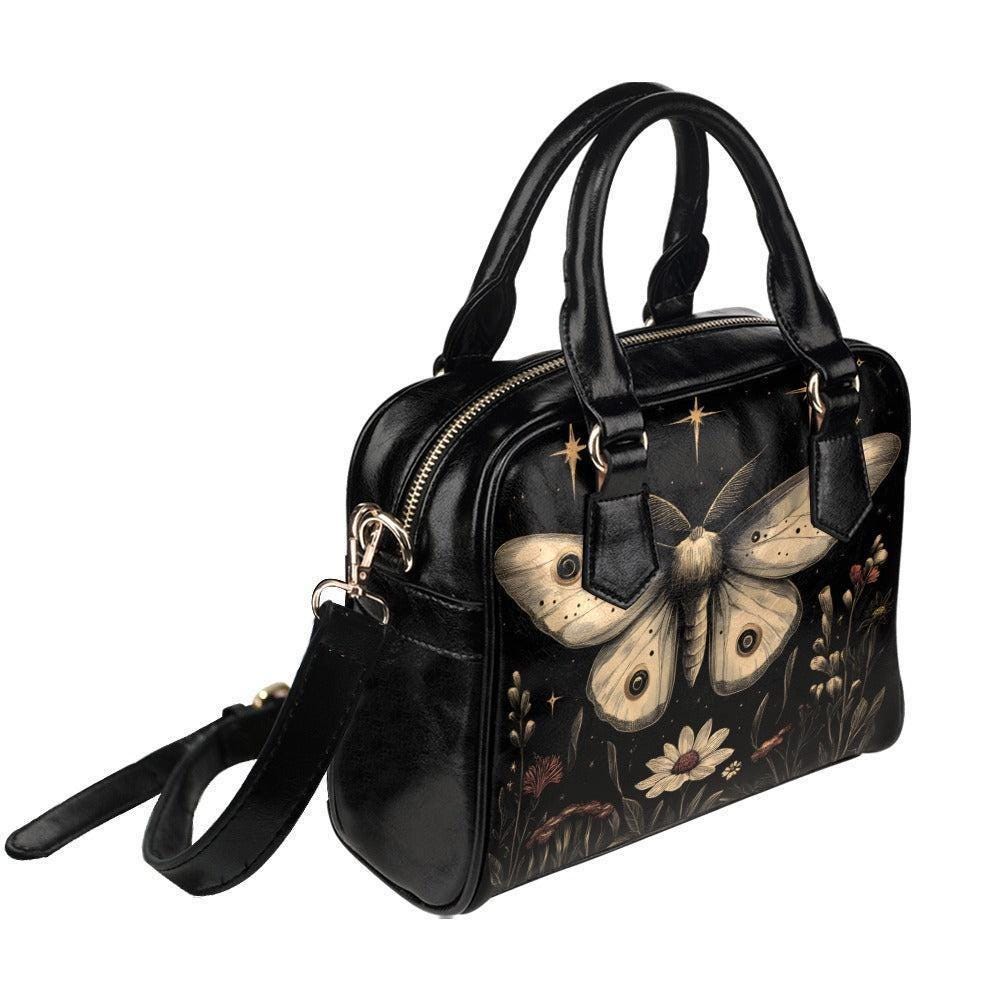 Moon Moth Satchel Bag, Dark Botanical Night Garden Crossbody, Vegan Faux Leather
