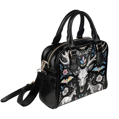 Woodland Fantasy Satchel with Antler Skull, Mystic Forest Purse, Folk Floral Handbag