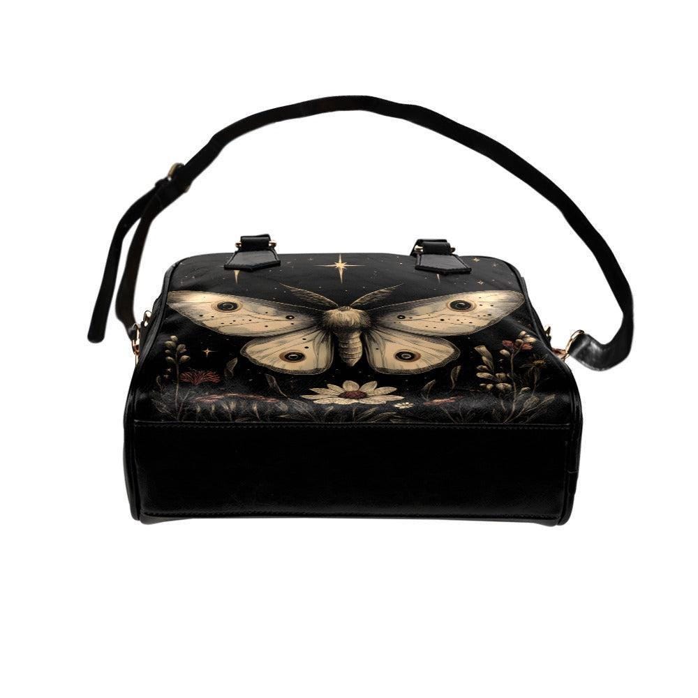 Moon Moth Satchel Bag, Dark Botanical Night Garden Crossbody, Vegan Faux Leather