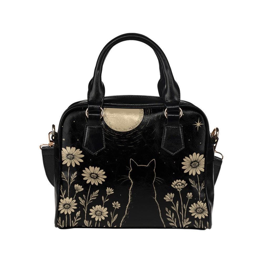 Black Cat Moon Handbag, Celestial Daisy Night Garden Satchel