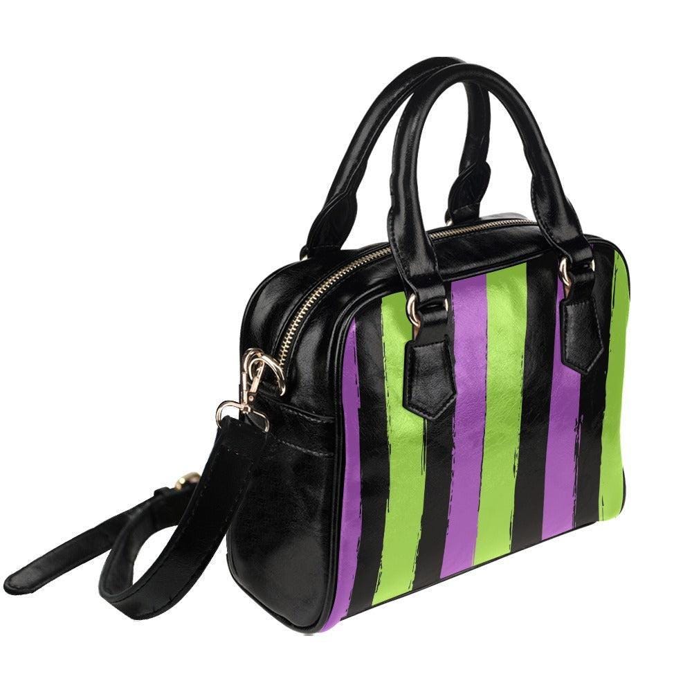 Goth Striped Handbag, Purple Green Top Handle Purse, Spooky Crossbody Satchel