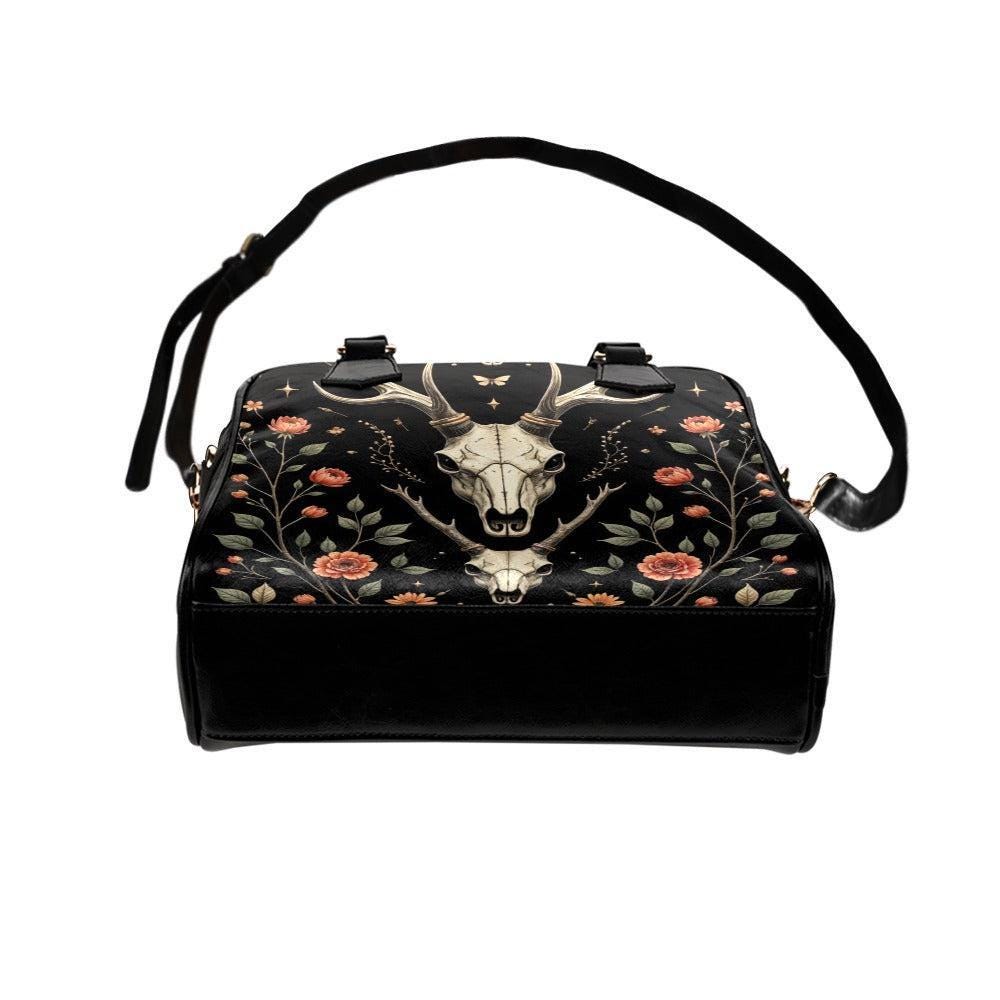 Gothic Satchel Purse with Deer Skull, Dark Floral Handbag, Witchy Shoulder Bag