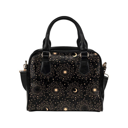 Astrology Satchel Handbag, Black Sun Moon Top Handle Purse with Crossbody Strap