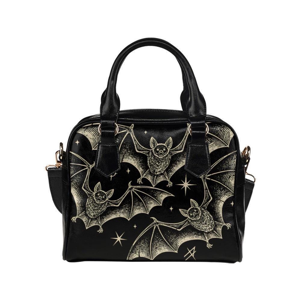 Celestial Bat Satchel, Witchy Moon Faux Leather Handbag, Nocturnal Crossbody Bag