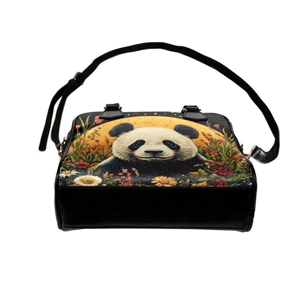 Panda handbag with floral print, top handle satchel purse, whimsical animal lover bag