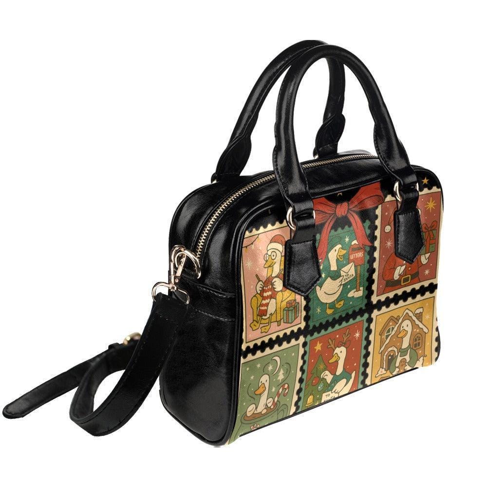 Christmas Goose Handbag, Holiday Stamp Print Purse, Festive Winter Satchel Bag