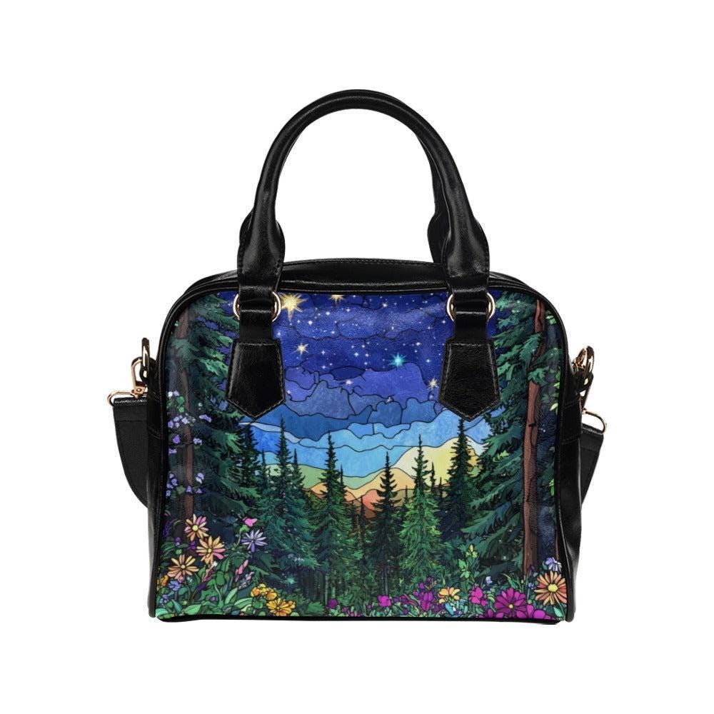 Starry forest satchel purse, mountain night handbag, outdoor crossbody, woodland scene bag, vegan faux leather