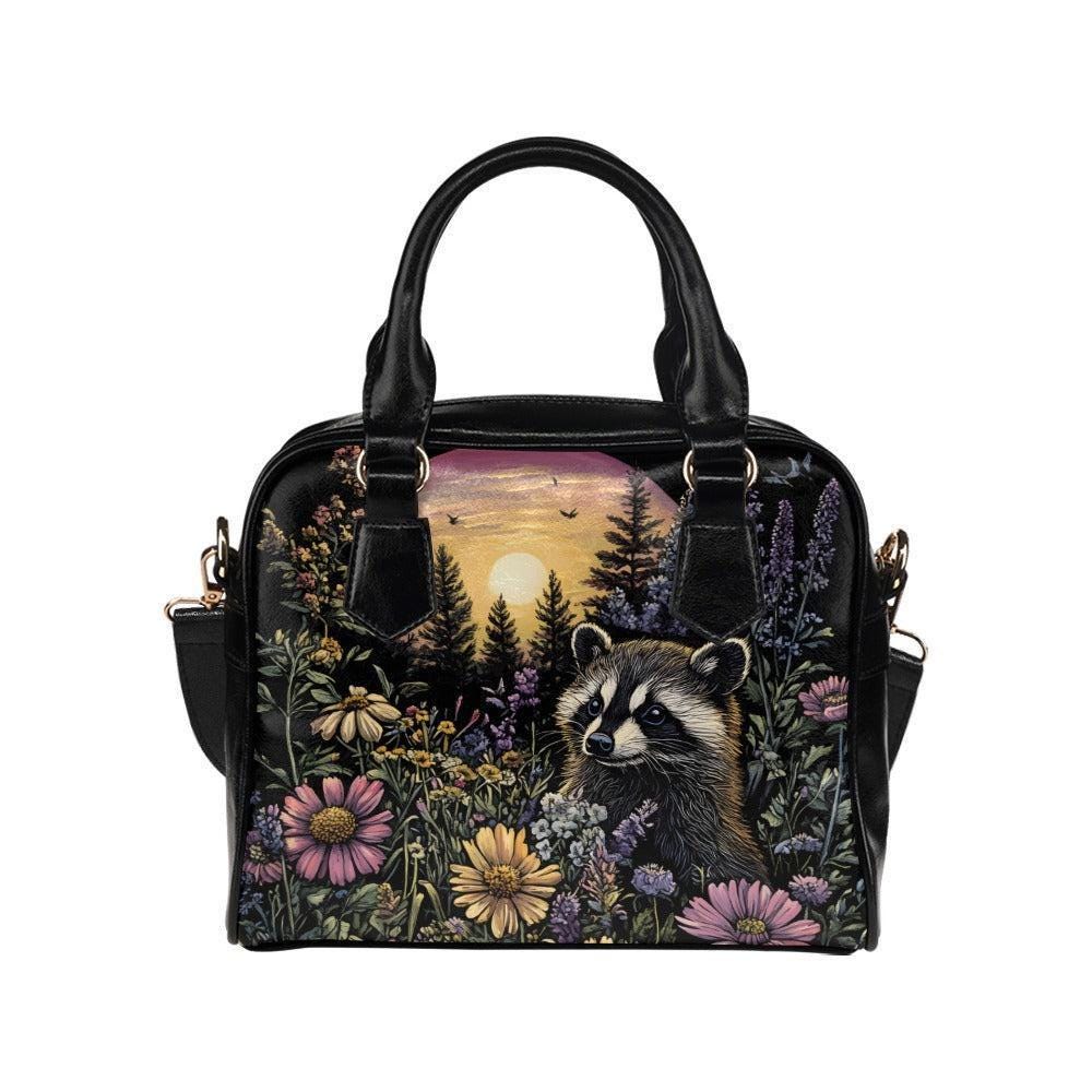 Raccoon Wildflower Handbag, Woodland Night Bowler Purse, Forest Animal Satchel