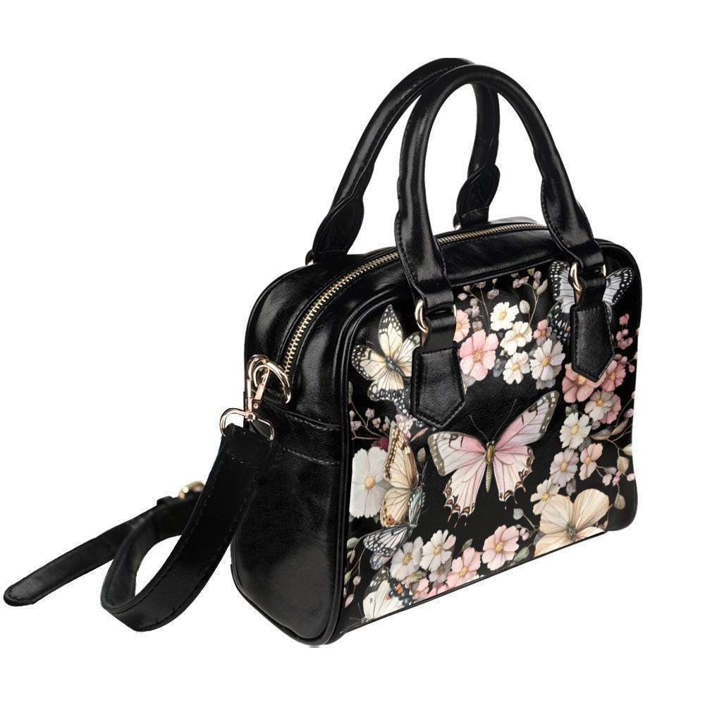Black Butterfly Floral Satchel Handbag, Romantic Spring Blossom Statement Bag