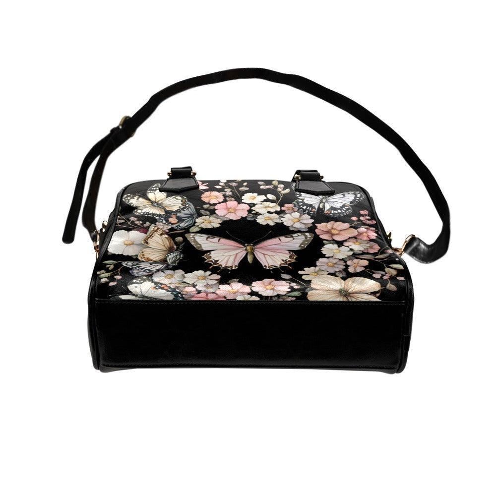 Black Butterfly Floral Satchel Handbag, Romantic Spring Blossom Statement Bag