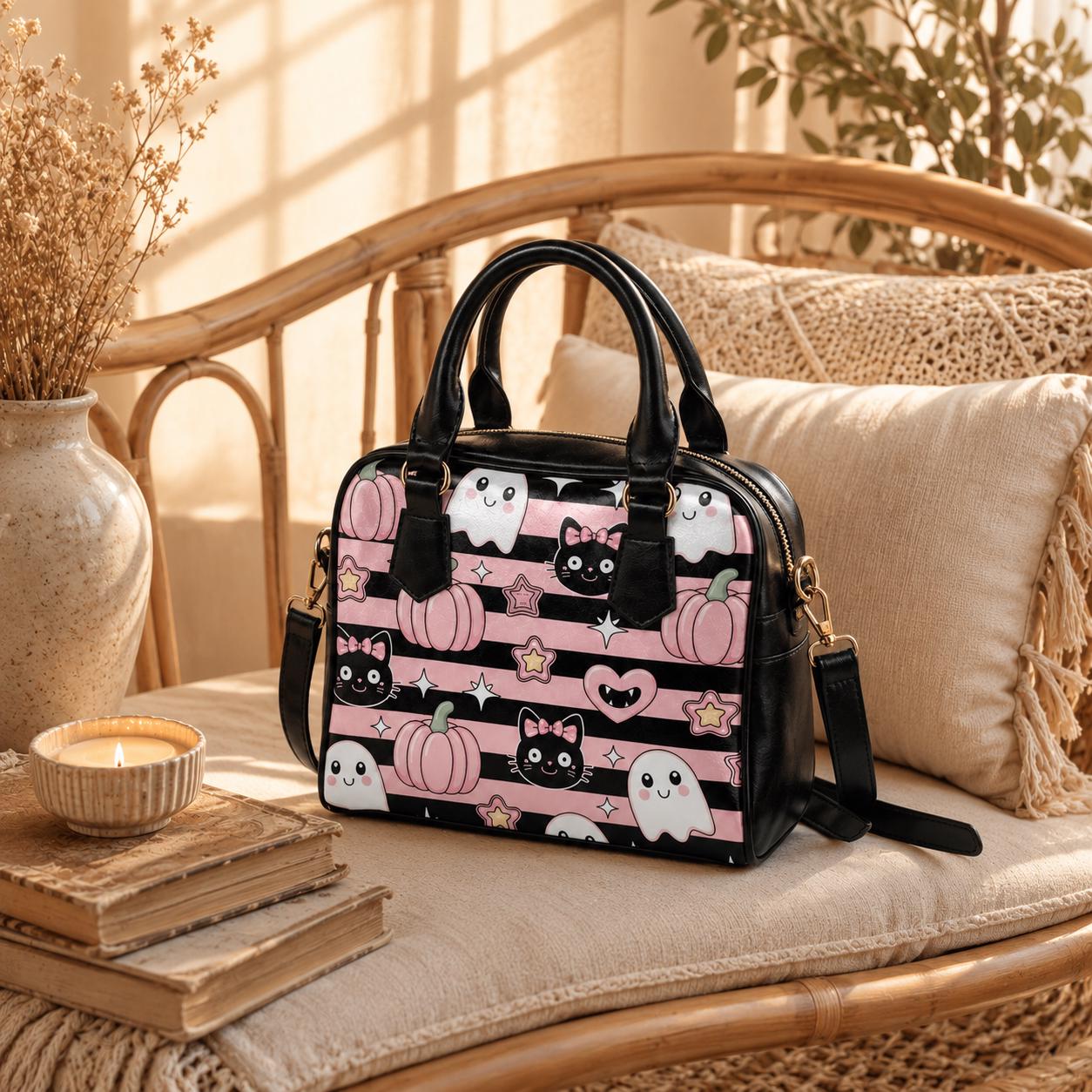 Kawaii Halloween Handbag with Ghosts and Black Cats, Pink Pumpkin Purse, Cute Spooky Satchel