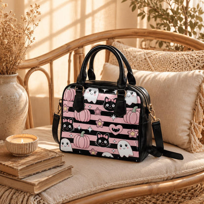 Kawaii Halloween Handbag with Ghosts and Black Cats, Pink Pumpkin Purse, Cute Spooky Satchel