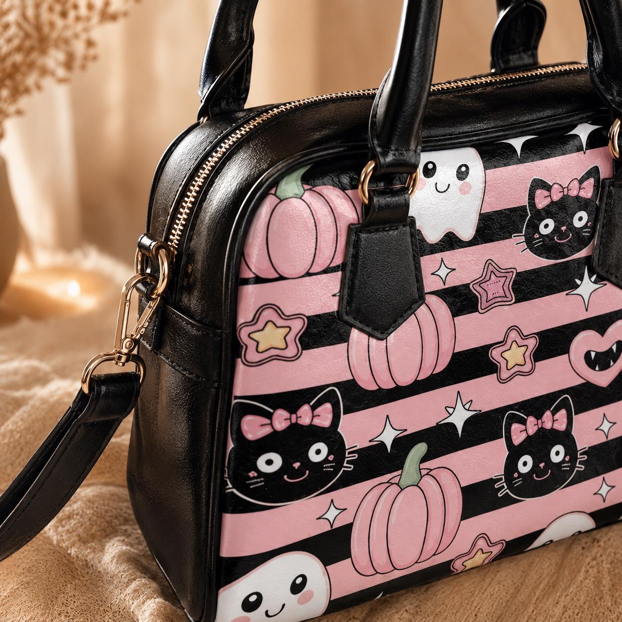Kawaii Halloween Handbag with Ghosts and Black Cats, Pink Pumpkin Purse, Cute Spooky Satchel
