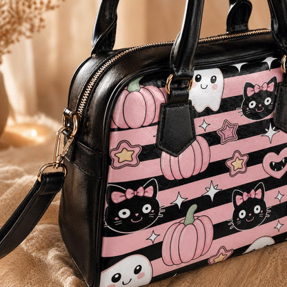Kawaii Halloween Handbag with Ghosts and Black Cats, Pink Pumpkin Purse, Cute Spooky Satchel
