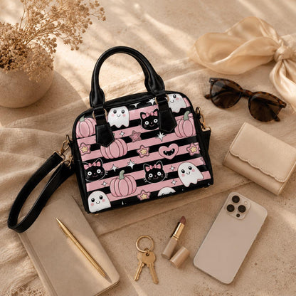 Kawaii Halloween Handbag with Ghosts and Black Cats, Pink Pumpkin Purse, Cute Spooky Satchel
