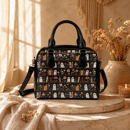 Ghost Bookshelf Handbag, Floral Book Lover Purse, Cute Spooky Satchel Bag