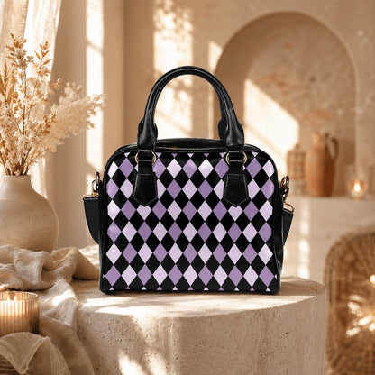 Purple Harlequin Satchel Bag, Vegan Leather Crossbody, Gothic Checkered Tote